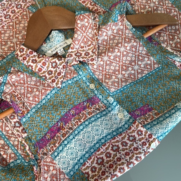 Rose + Olive Shirt Boho Patchwork Print Sleeveless Button Down Blouse Size M - Picture 2 of 8